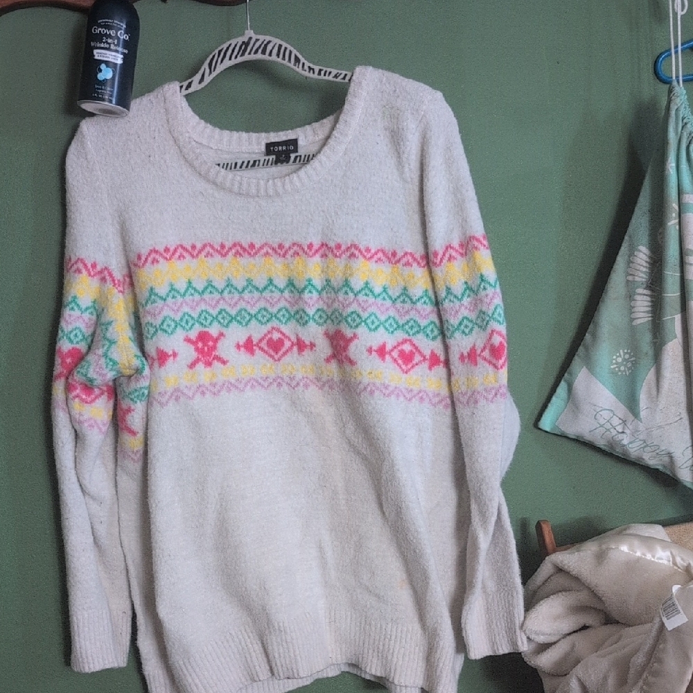 Torrid Cream and Pink Crew Neck Sweater with Fair Isle Design